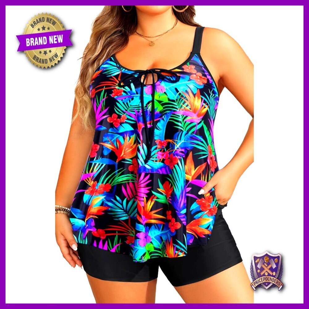 Plus Size Tankini Swimsuit Set with Pockets and Adjustable Straps